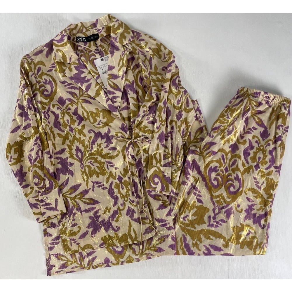 NWT Zara Kimono Wrap Blazer & Pant Set Metallic Floral Boho Cotton Jacquard XS